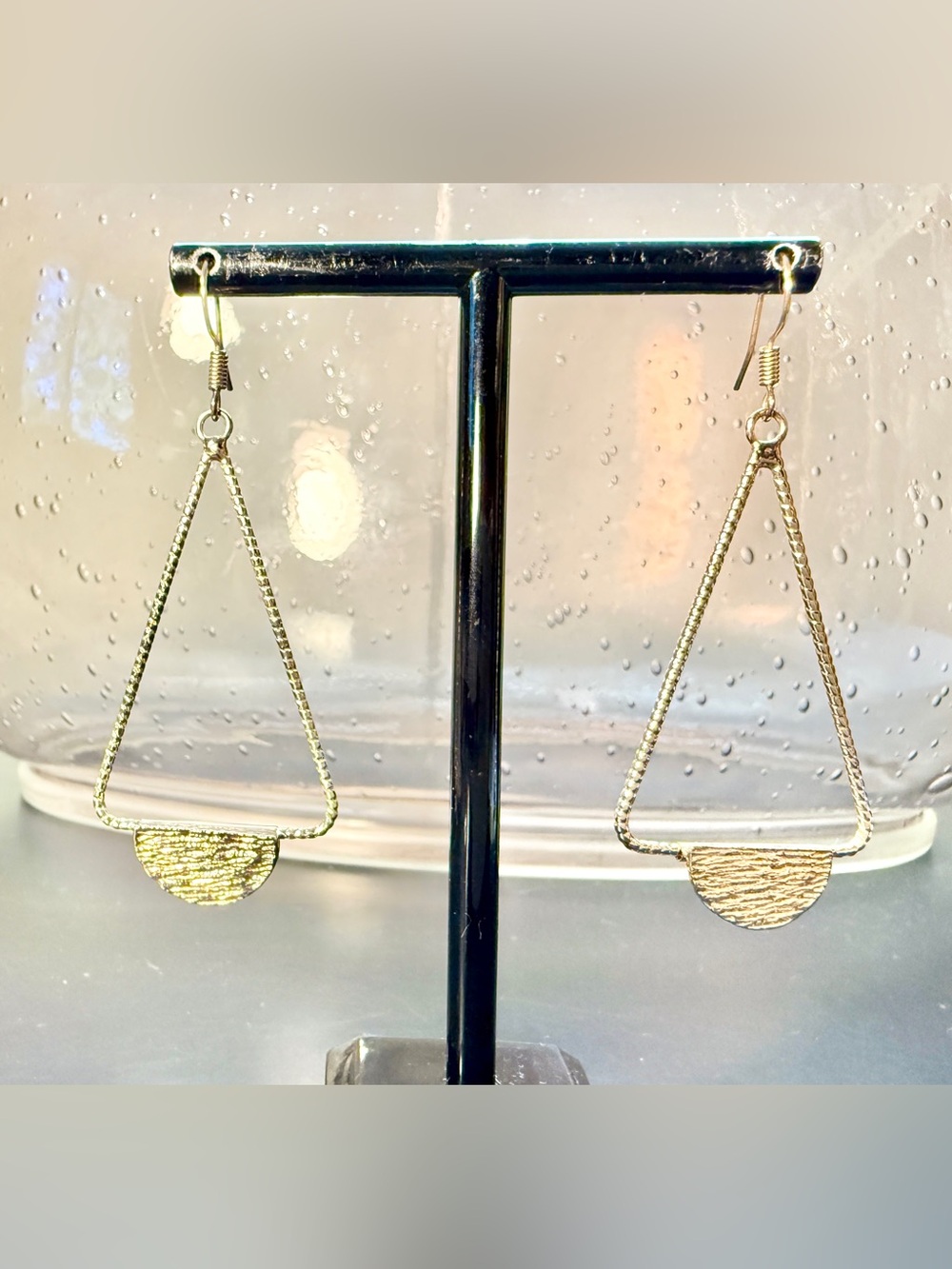 Lightweight Textured Gold Tone Triangle Dangle Earrings